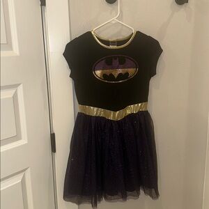 EUC Girls Halloween Costume Batman Batgirl Tutu Dress Gold & Purple Sparkles 10